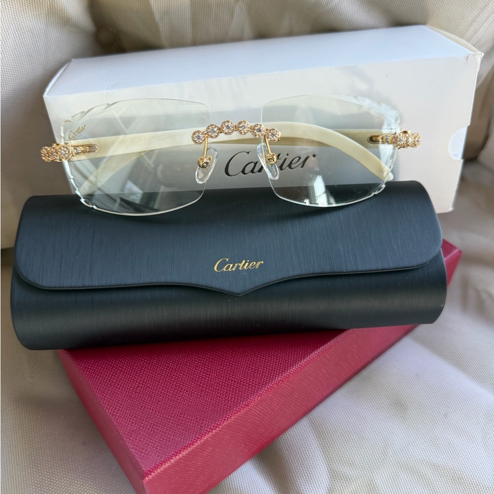 Cartier Rimless Sunglasses with Gold Crystal Bridge and Ivory Temples